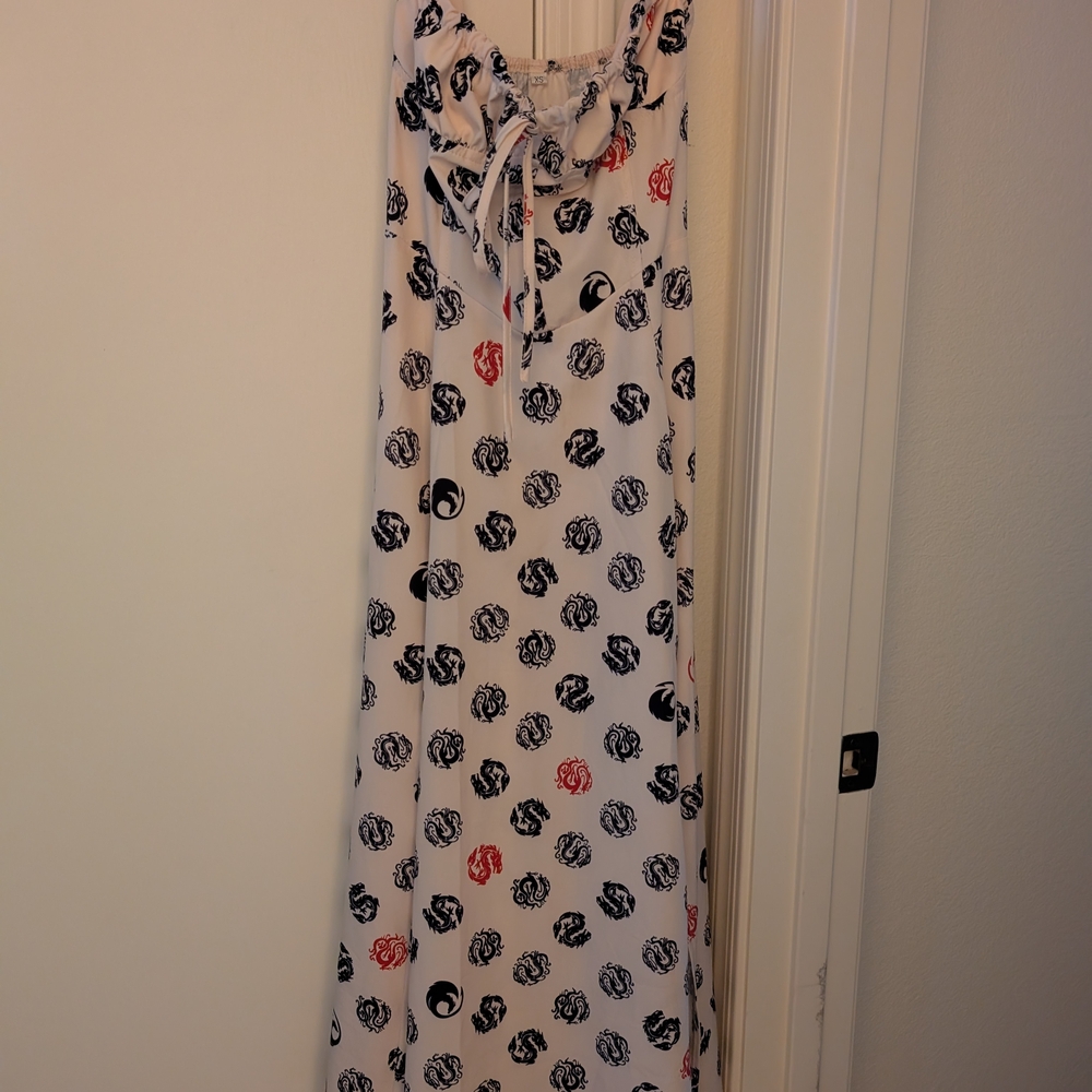 White Maxi Dress with Black and Red Dragon Pattern